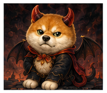 座ってにらむ悪魔柴犬