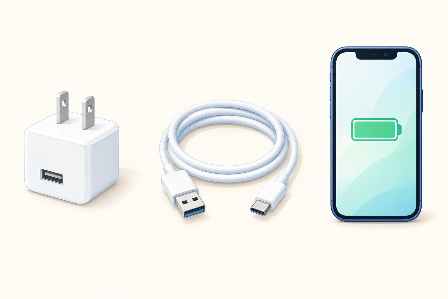 USB-Aの差し込み口がある充電器、USB-AからUSB-Cにつなぐケーブル、スマホのイラスト