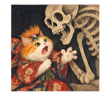 骸骨に驚く猫