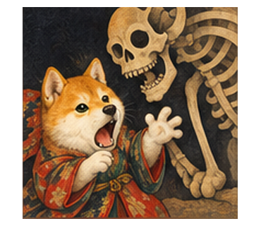骸骨に驚く柴犬